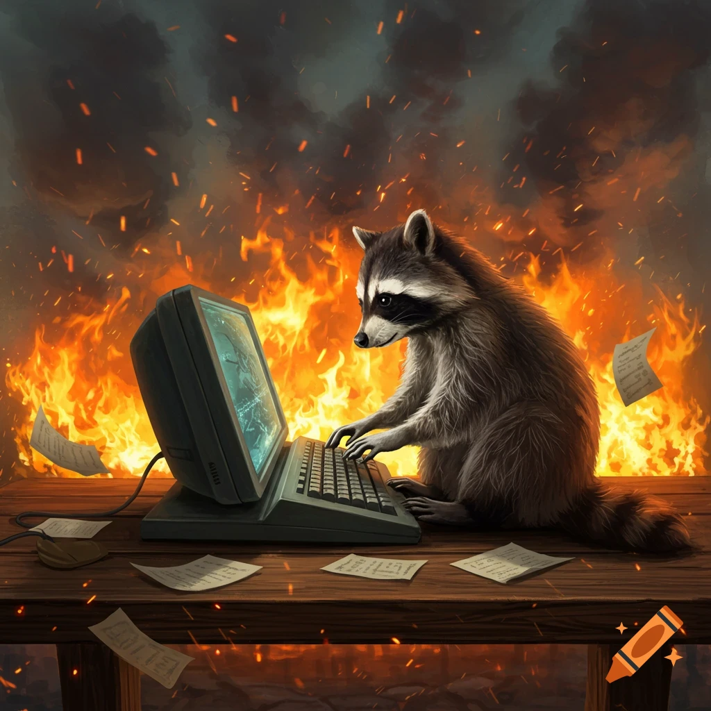 A raccoon sits on a wooden desk, intensely typing on an old computer with a green screen, while a large fire burns dramatically in the background.