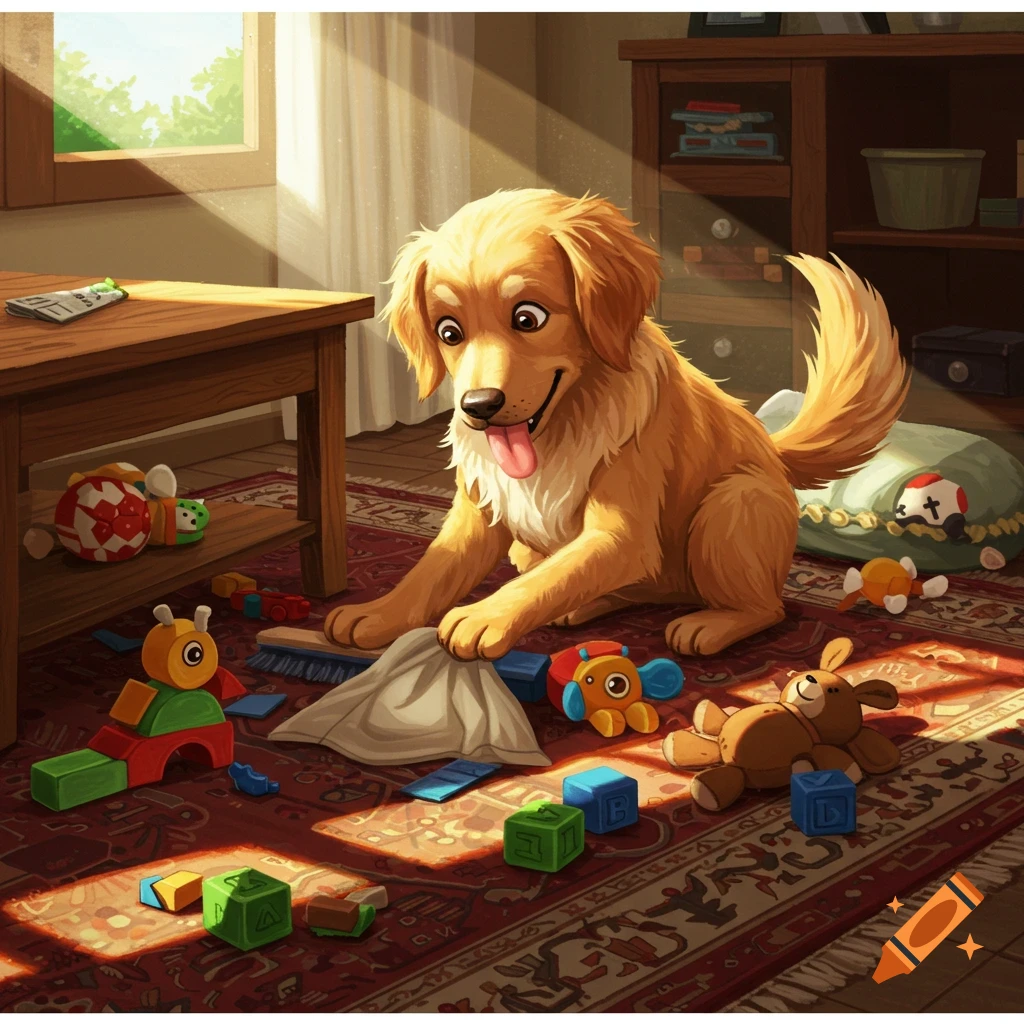 A golden retriever puppy plays with colorful toys and blocks on a rug in a sunlit room, illustration.