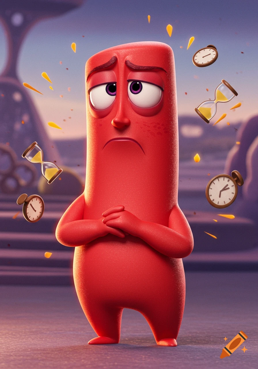 A red, pill-shaped cartoon character with a sad expression, clasping its hands, surrounded by floating clocks and hourglasses, in a 3D animation style.