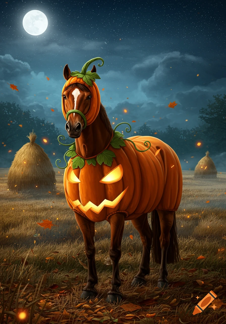 A horse in a glowing jack-o'-lantern pumpkin costume stands in a field under a full moon at night, with hay bales and falling leaves.