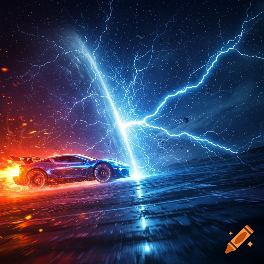 A blue and red sports car with fiery trails drives through a dark, stormy landscape with bright blue lightning striking the ground.
