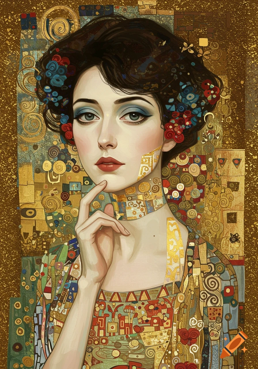 Stylized portrait of a woman with dark hair and blue eyeshadow in a gold and patterned Klimt-esque style.