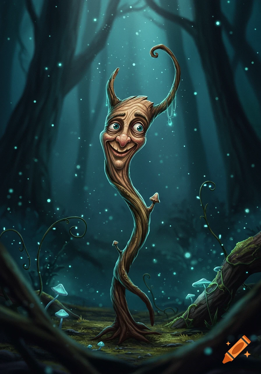 A whimsical, smiling stick figure with big blue eyes and horns, stands in a dark, glowing fantasy forest with luminous mushrooms.