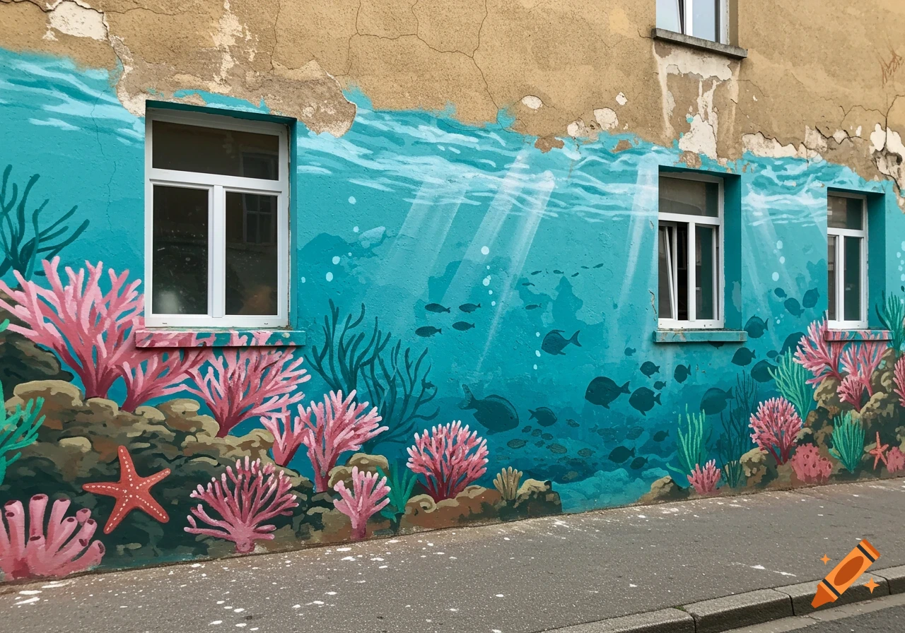 A vibrant coral reef mural on an old building wall features pink corals, green seaweed, dark fish, and a starfish, with white windows.