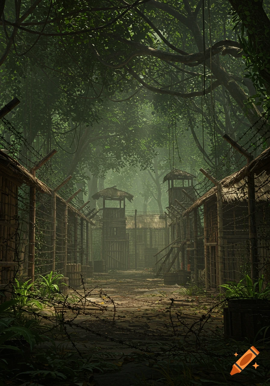 Photorealistic jungle prison camp with barbed wire fences, wooden huts, and watchtowers under lush foliage.