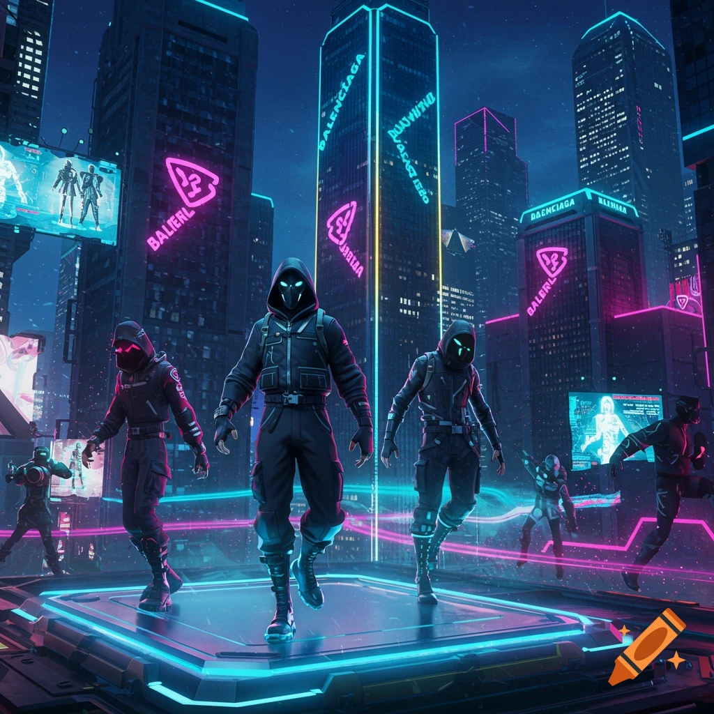 Several masked figures in black, futuristic tactical gear stand on glowing platforms in a neon-lit cyberpunk city at night, with skyscrapers adorned with bright signs.