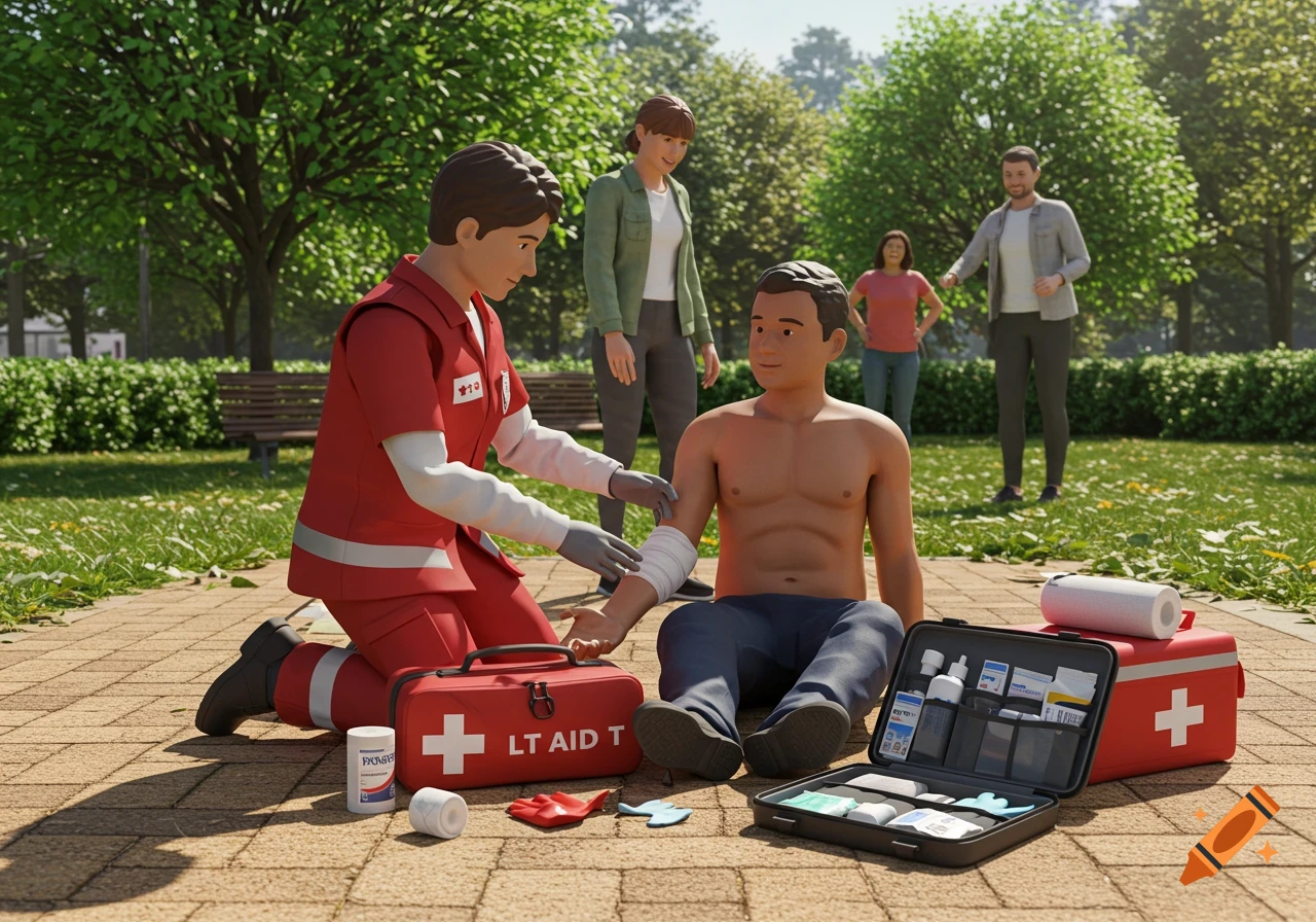 A 3D animated scene of a person administering first aid to a man in a park, with a red first aid kit nearby.