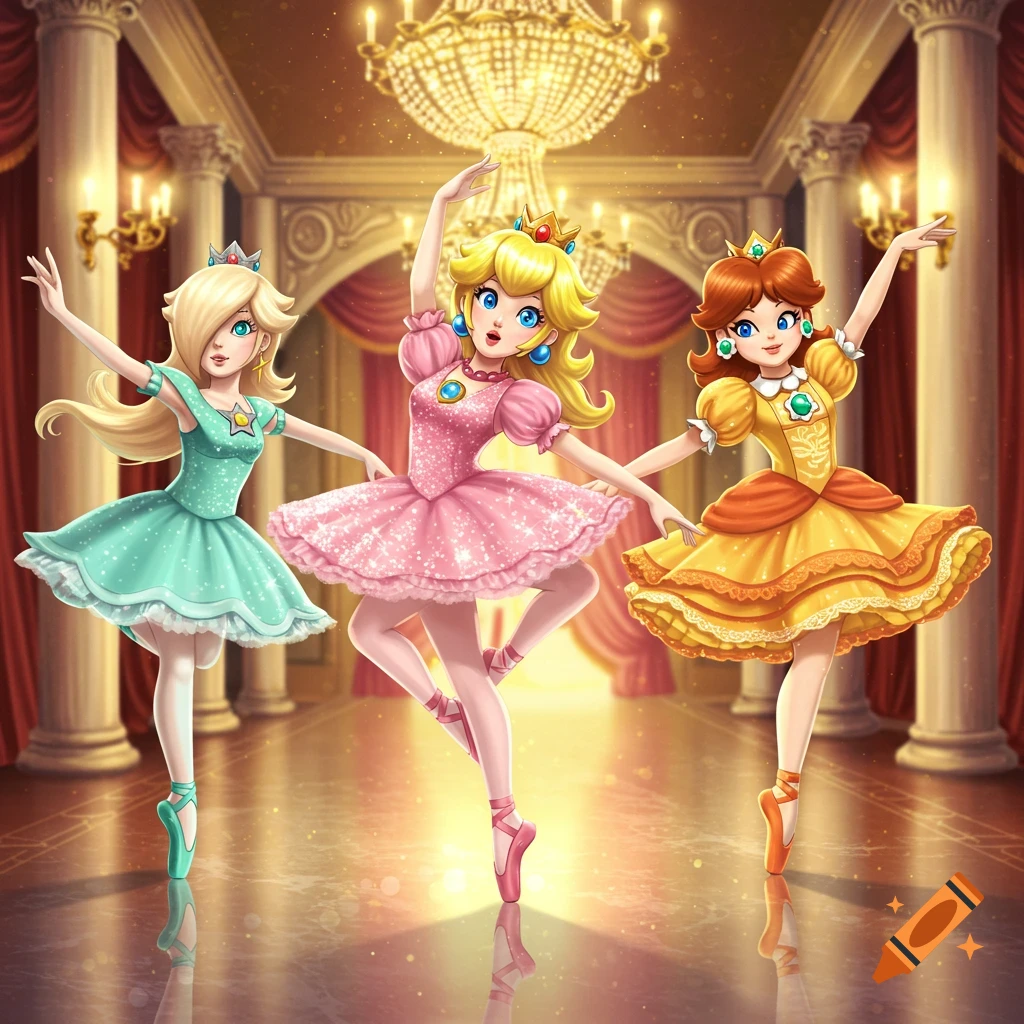 Princess Peach, Daisy, and Rosalina from Super Mario, dressed as ballerinas, dancing on pointe in a grand ballroom. Digital illustration.