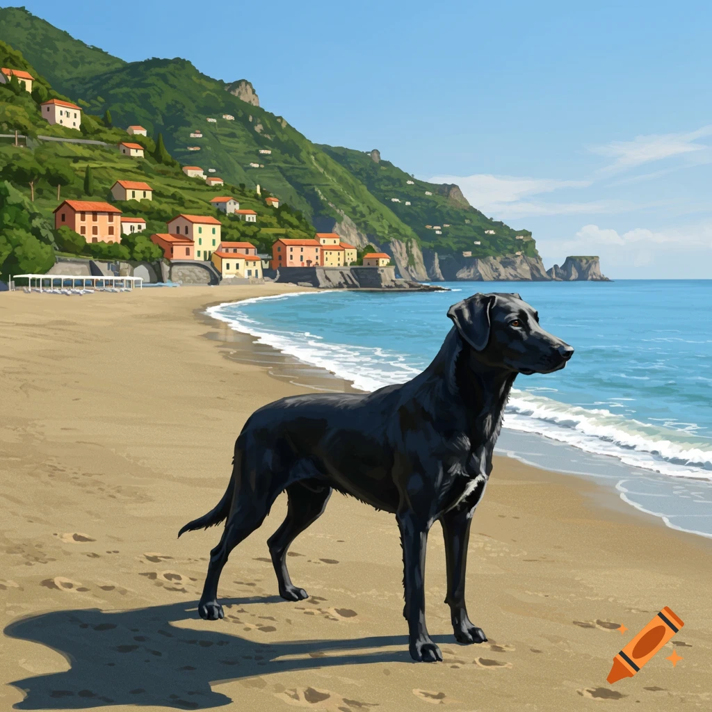 A black dog stands on a sandy beach with blue ocean waves and colorful houses on a green hillside under a clear sky, illustration.