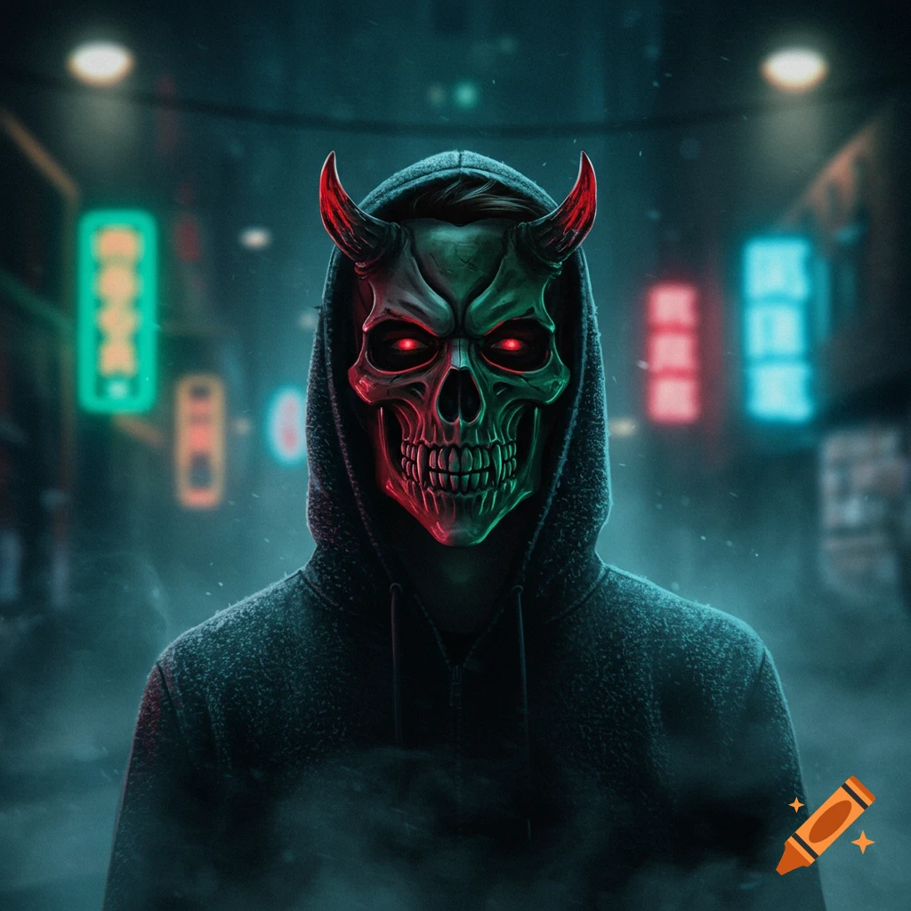 A person in a black hoodie wears a glowing green and red skull devil mask with horns in a dark, neon-lit urban alley.