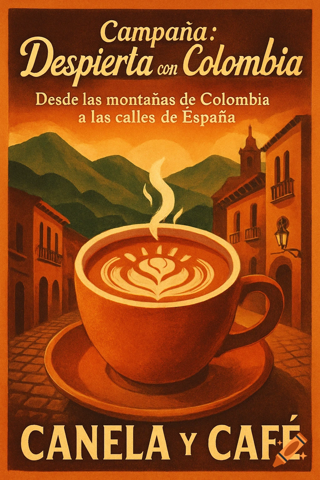 Vintage poster advertising coffee from Colombia, showing a steaming cup with latte art, a street, and mountains at sunset.