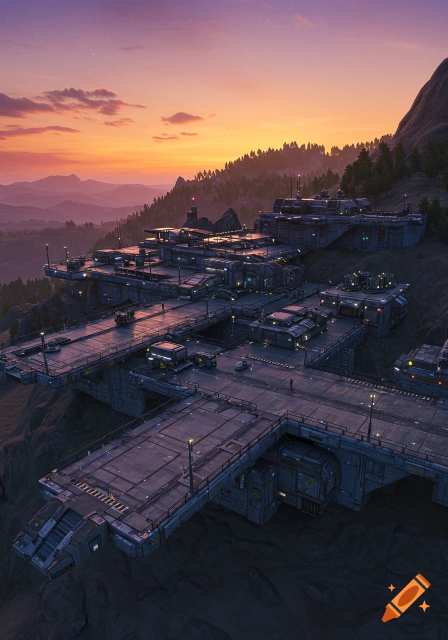 A sprawling, futuristic multi-level sci-fi base is built into a mountain, overlooking a vast landscape at sunset.