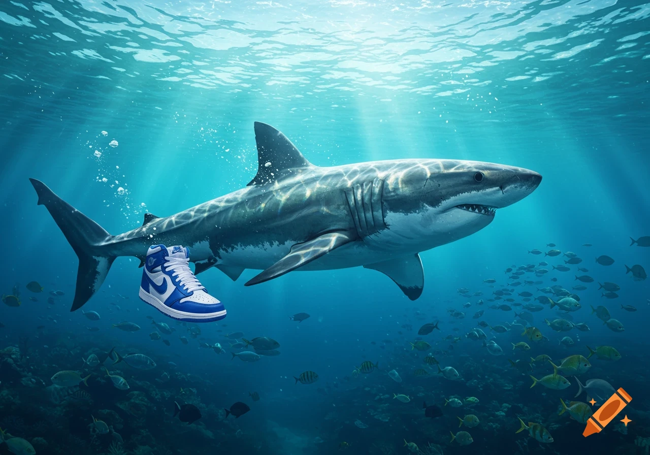 A blue and white Nike sneaker floats next to a great white shark underwater with schools of fish.