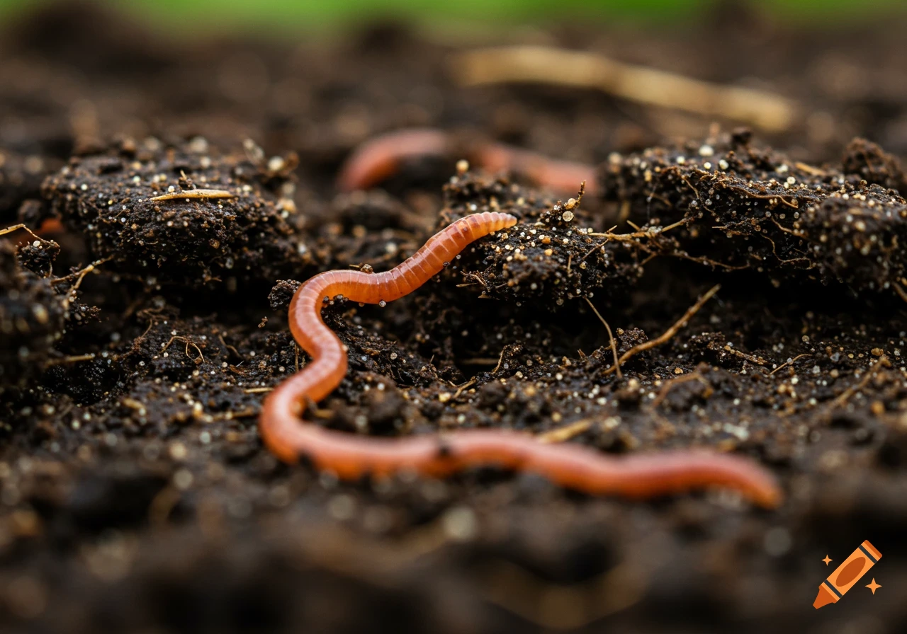 A close-up photo of a reddish-brown earthworm crawling across dark, moist soil with other worms in the blurred background.