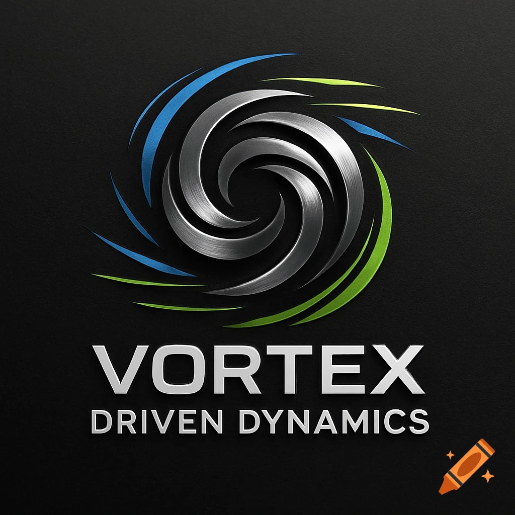 A metallic swirl logo with blue and green accents and the text 'VORTEX DRIVEN DYNAMICS' on a dark background.