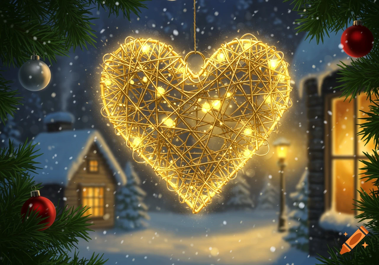 A glowing golden heart ornament of interwoven lights in a snowy Christmas scene with evergreen branches and ornaments.
