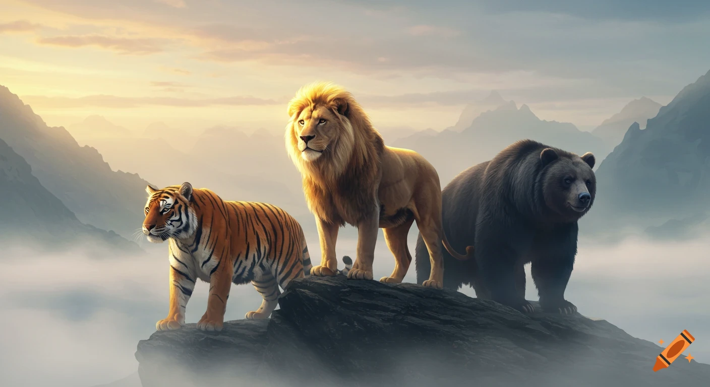 A photorealistic illustration of a tiger, lion, and bear standing together on a misty mountain ridge at sunrise.
