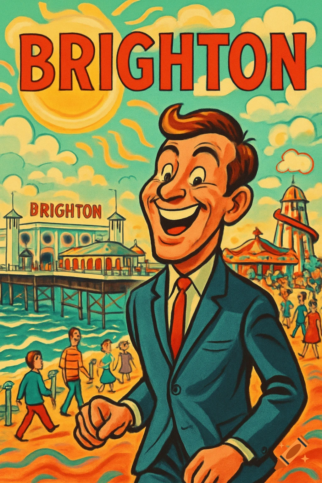 Retro cartoon poster of a smiling man, Brighton pier, beach, and people. Text 'BRIGHTON'.