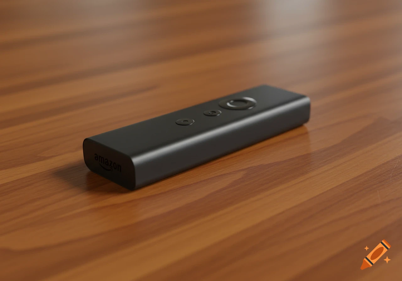 A black Amazon Fire TV Stick remote control with "amazon" branding on its side, resting on a polished wooden table.