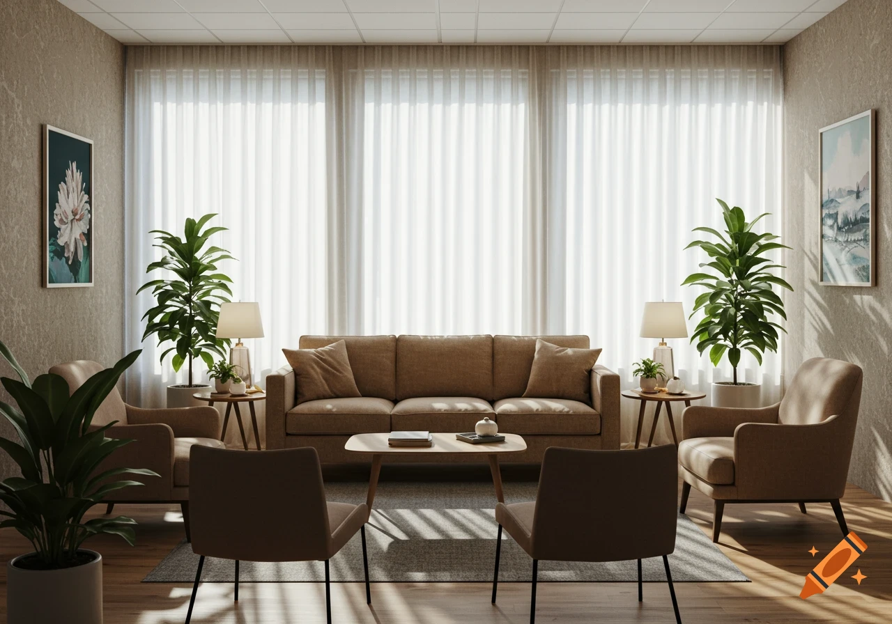 Photorealistic interior of a modern consultation room with a brown sofa, armchairs, potted plants, framed art, and large windows.