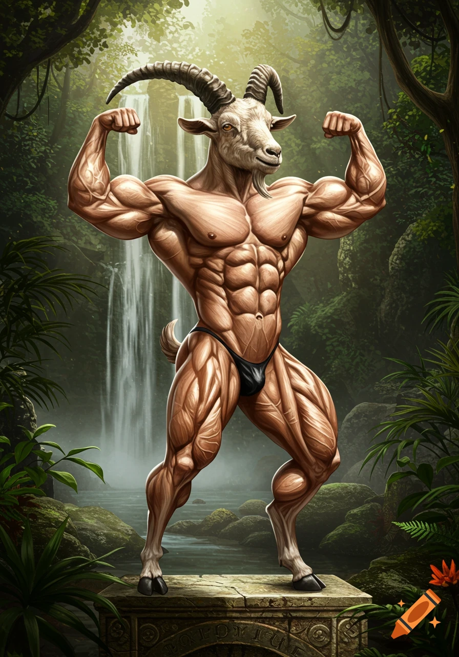 A muscular, anthropomorphic goat bodybuilder flexing in a jungle with a waterfall background, standing on a stone pedestal.