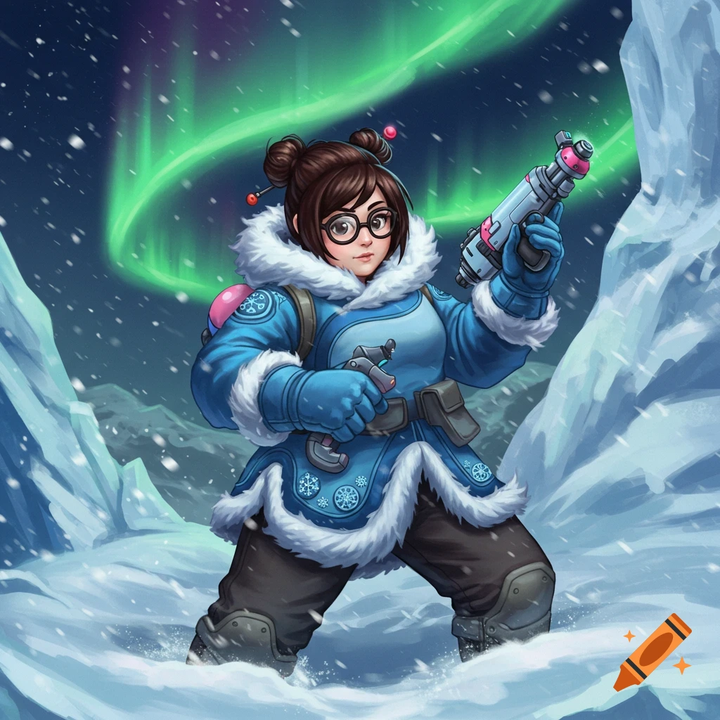 Mei from Overwatch in her blue winter coat and goggles, holding her cryo-weapon, standing in deep snow under the Northern Lights.