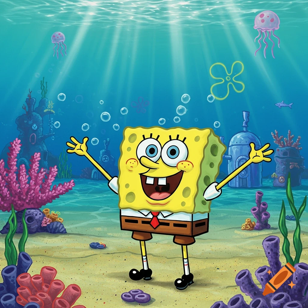 A happy Spongebob Squarepants stands underwater with arms wide amidst coral and bubbles in a vibrant cartoon style.