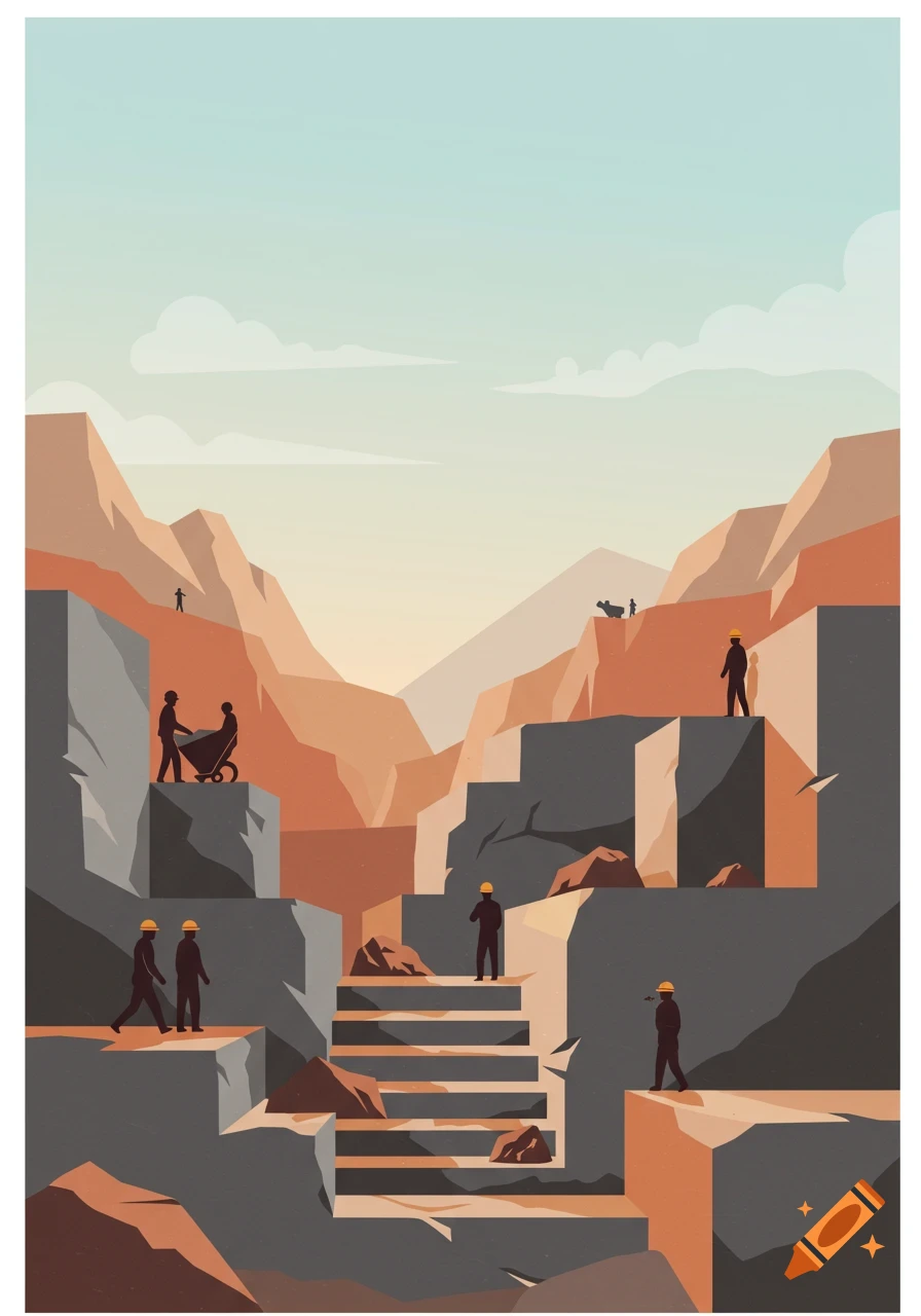 A stylized illustration of a stone quarry with silhouetted workers in hard hats among blocky rock formations and distant mountains.