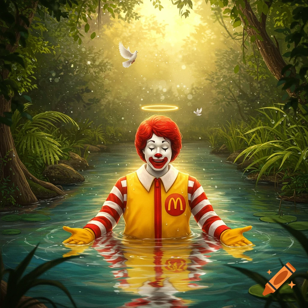Ronald McDonald with a halo and closed eyes stands in a sunlit jungle river, with doves flying nearby, in a serene digital art style.