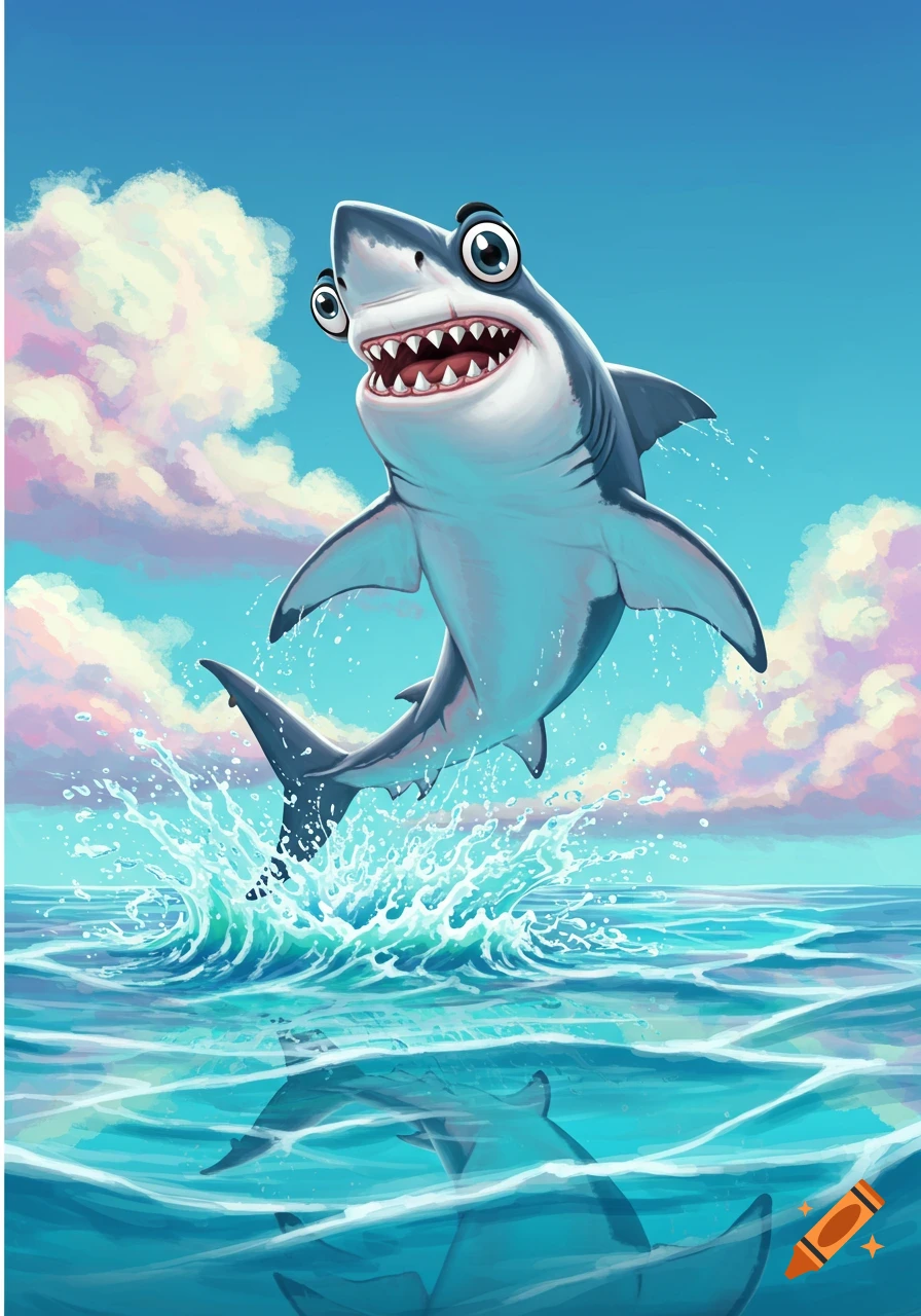 A cartoon great white shark with a goofy expression jumps out of the ocean, splashing water against a blue sky with pastel clouds.