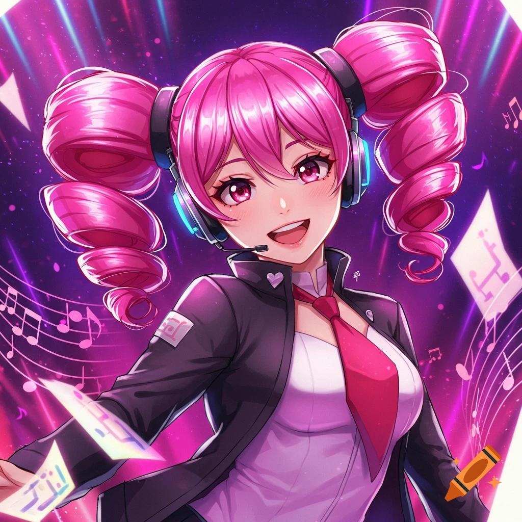 Anime girl with pink coiled pigtails, headphones, and a uniform smiles, surrounded by musical notes and pink-purple lights.