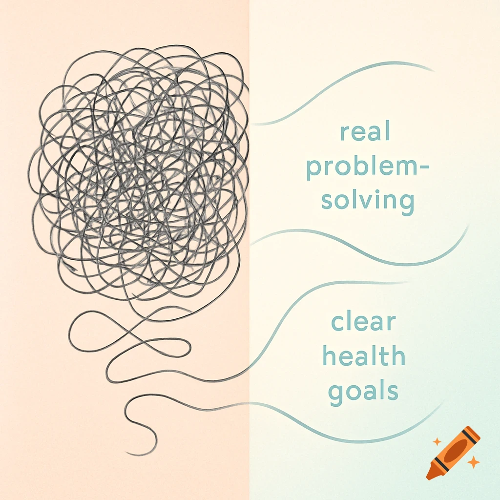 Tangled lines unraveling into clear waves, labeled 'real problem-solving' and 'clear health goals', on a gradient background.