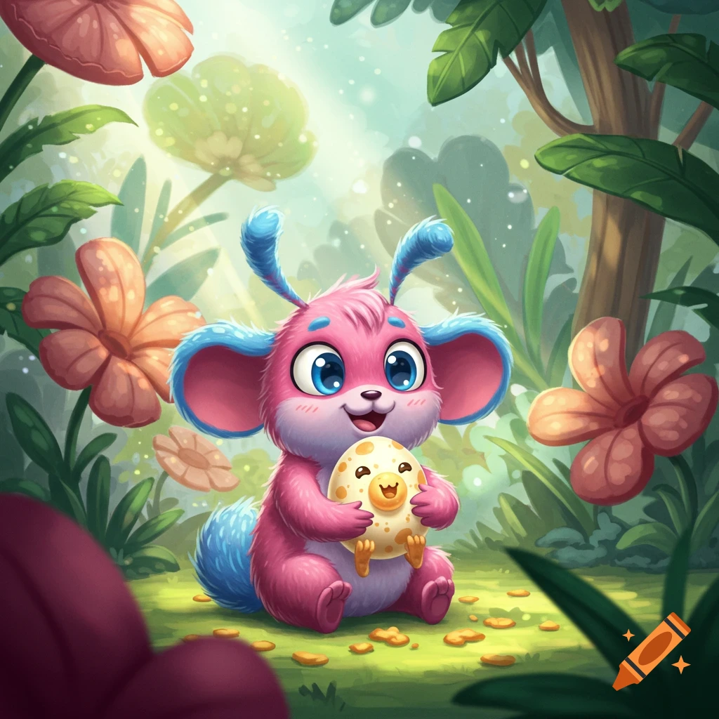 A cute pink and blue furry creature sits in a whimsical jungle, holding a smiling, speckled white egg-shaped creature.