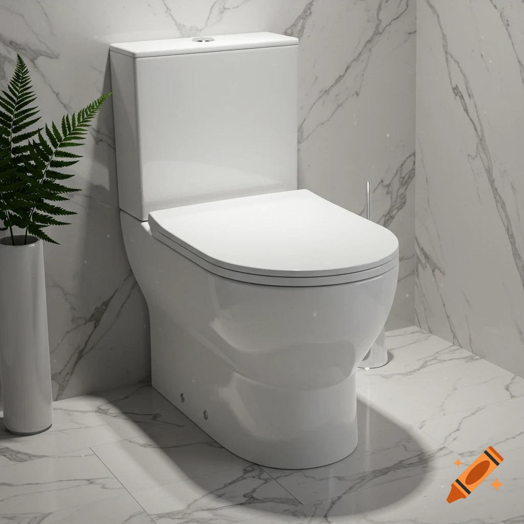 A white toilet in a modern bathroom with white marble walls and floor, next to a fern plant in a vase.