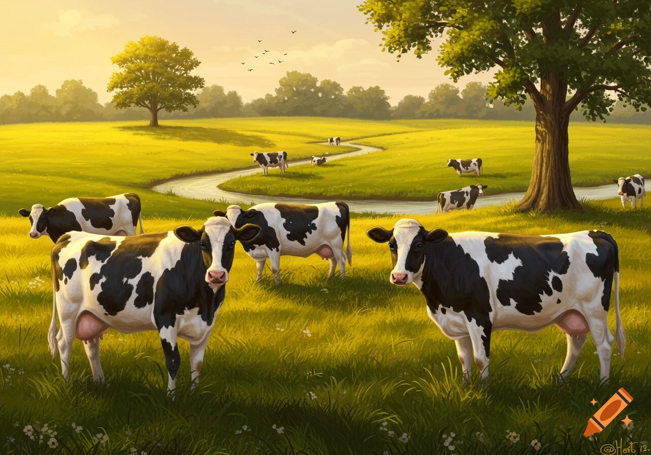 Illustrative scene of black and white spotted cows grazing in a vibrant green meadow with a winding stream and trees under a golden sky.