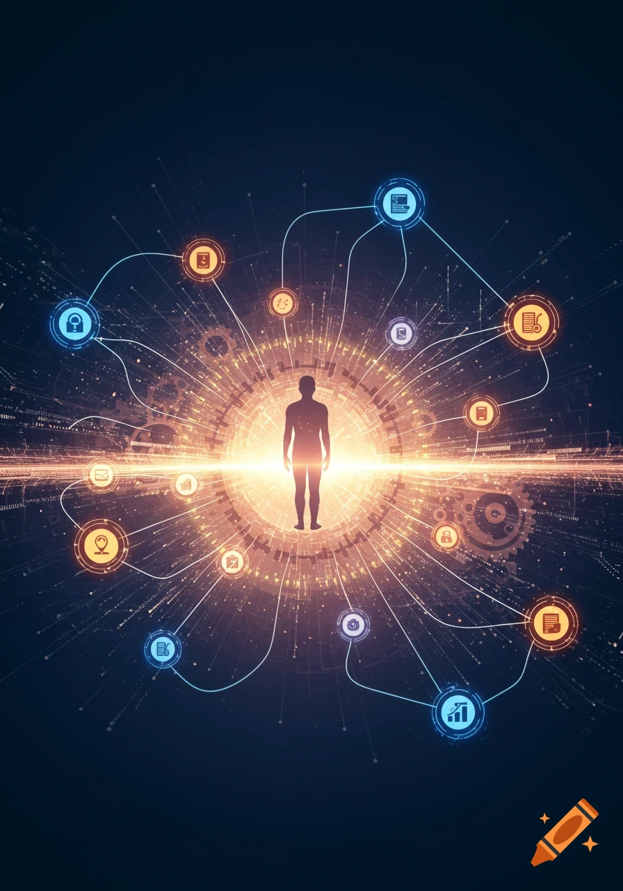 Human silhouette centered in a glowing digital network with abstract icons representing data and connections.