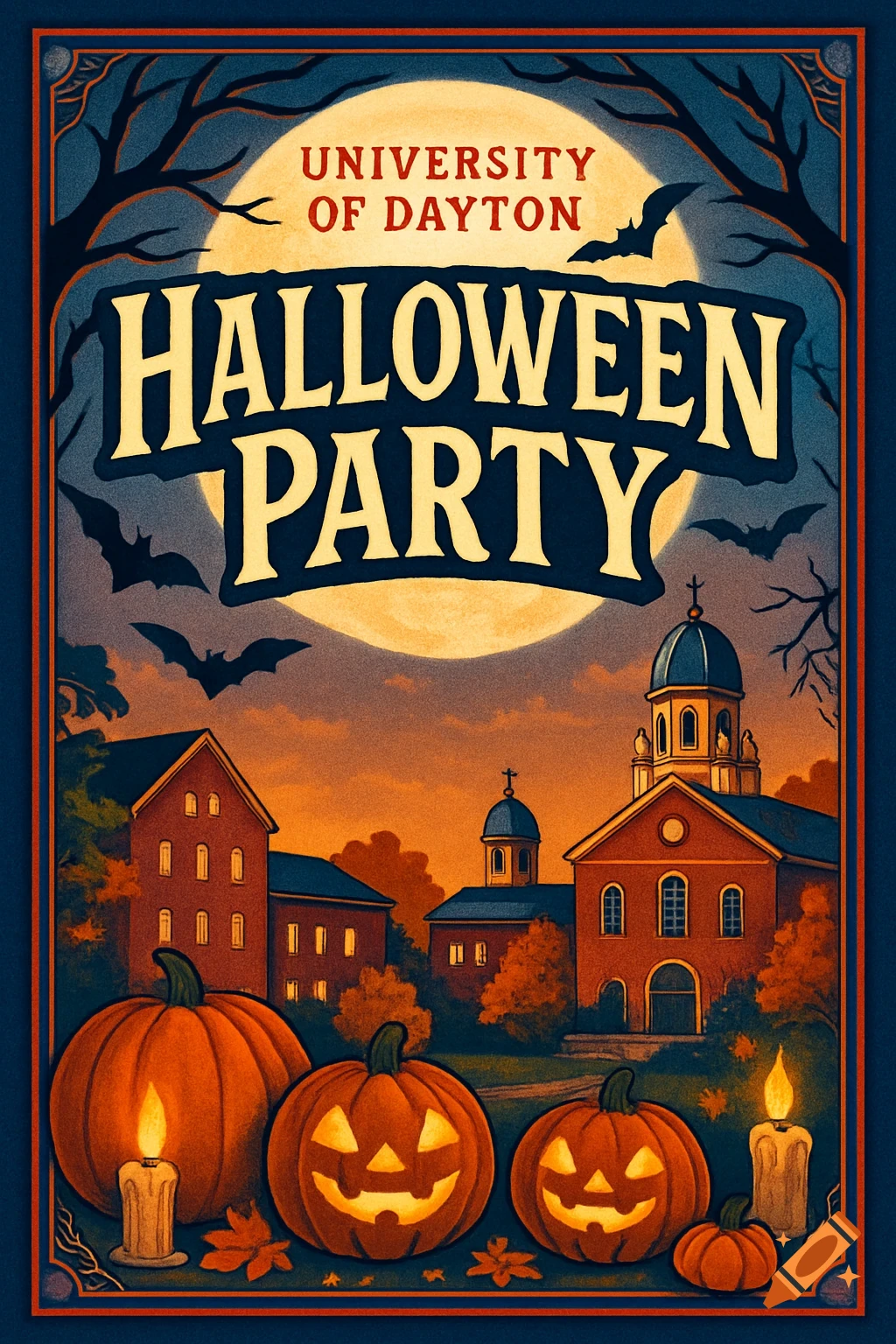 A vintage Halloween party invitation for the University of Dayton, featuring campus buildings, a full moon, bats, and jack-o'-lanterns with candles.