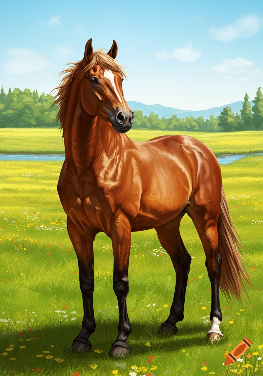 An illustrated brown horse stands in a sunny green meadow with wildflowers, a stream, and distant mountains.