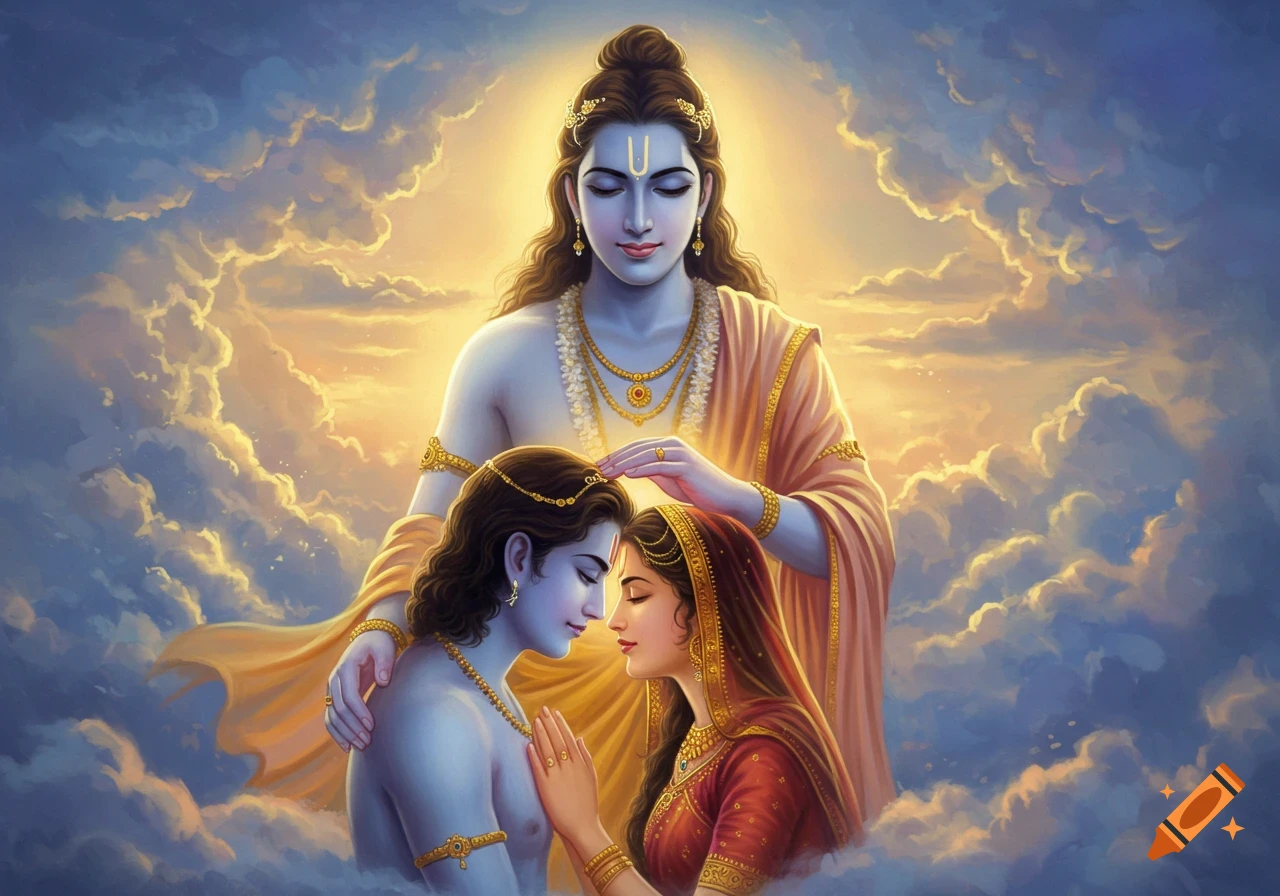 A blue-skinned Hindu deity blesses a man and woman in traditional attire amidst golden clouds.