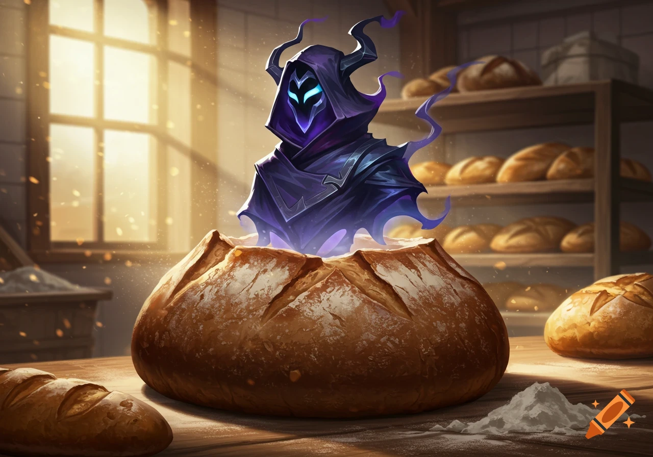 A detailed illustration of Omen, a hooded glowing purple figure, emerging from a large loaf of bread in a sunlit bakery.