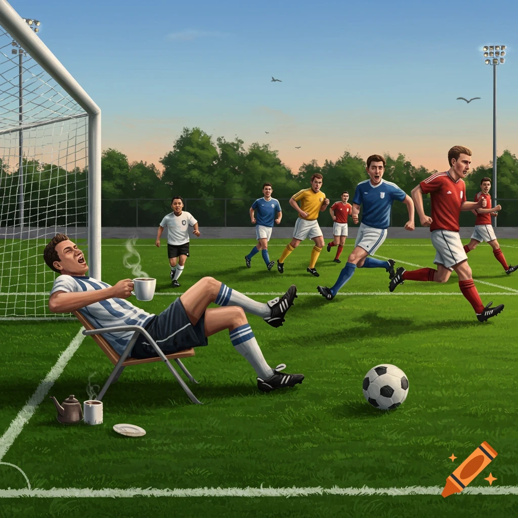 A man in a soccer uniform relaxes in a chair with coffee on a soccer field while other players run past during a game. Illustrated style.