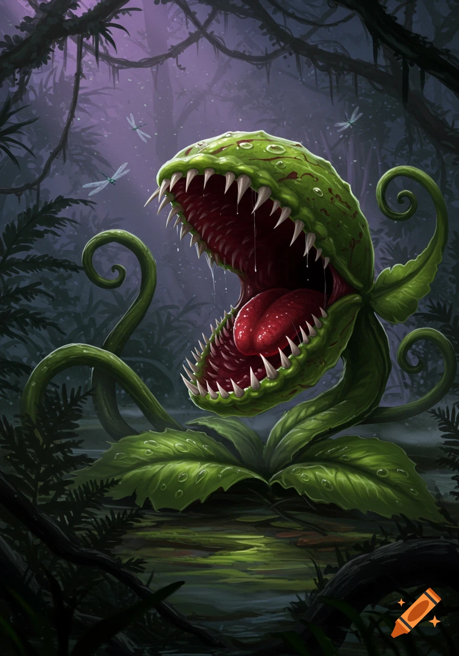 A monstrous, green flytrap plant with sharp teeth, a red tongue, and dripping saliva opens its mouth in a dark, mysterious swamp.