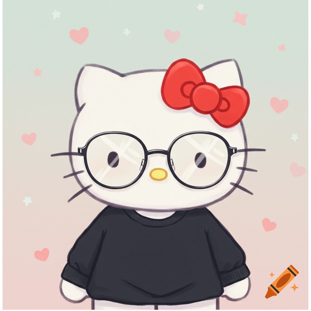 A cartoon Hello Kitty wearing a black sweatshirt, round glasses, and a red bow, against a pastel background with hearts and stars.