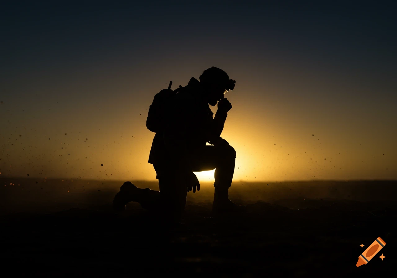 A soldier in silhouette kneels against a bright orange sunset, wearing a helmet and backpack, with dust in the air.