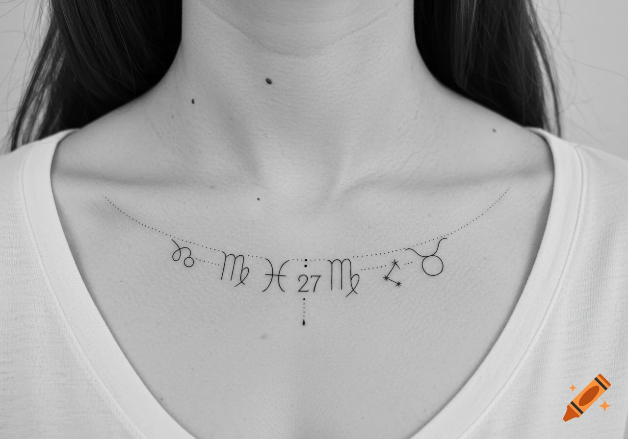 Close-up of a minimalist fineline tattoo on a person's collarbone, featuring zodiac signs and the number 27.