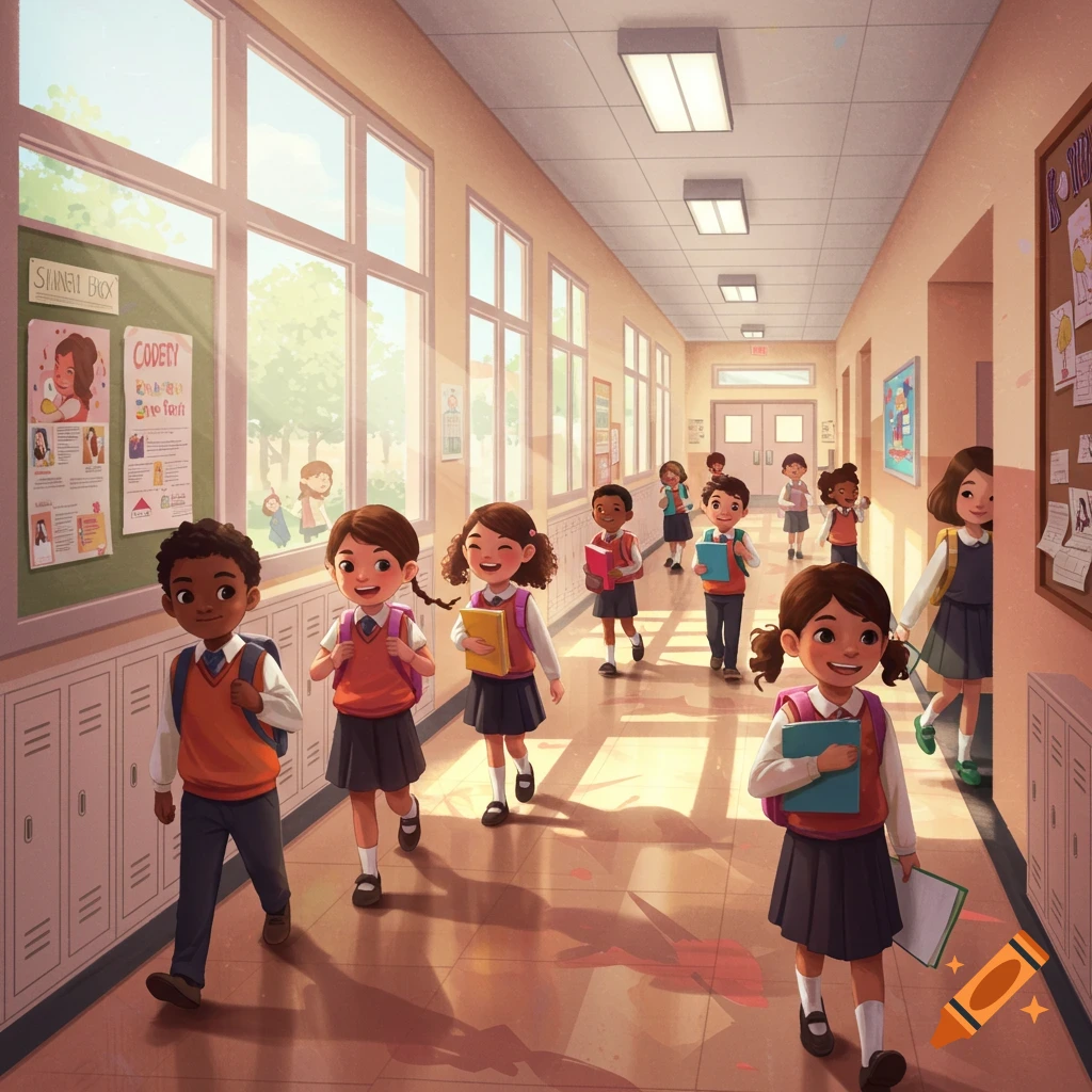 Diverse children walk through a sunny school hallway, carrying backpacks and books, with lockers and bulletin boards lining the walls.