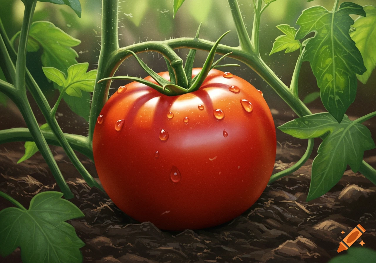 A vibrant red tomato covered in water droplets sits among green vines and leaves in dark soil, close-up.
