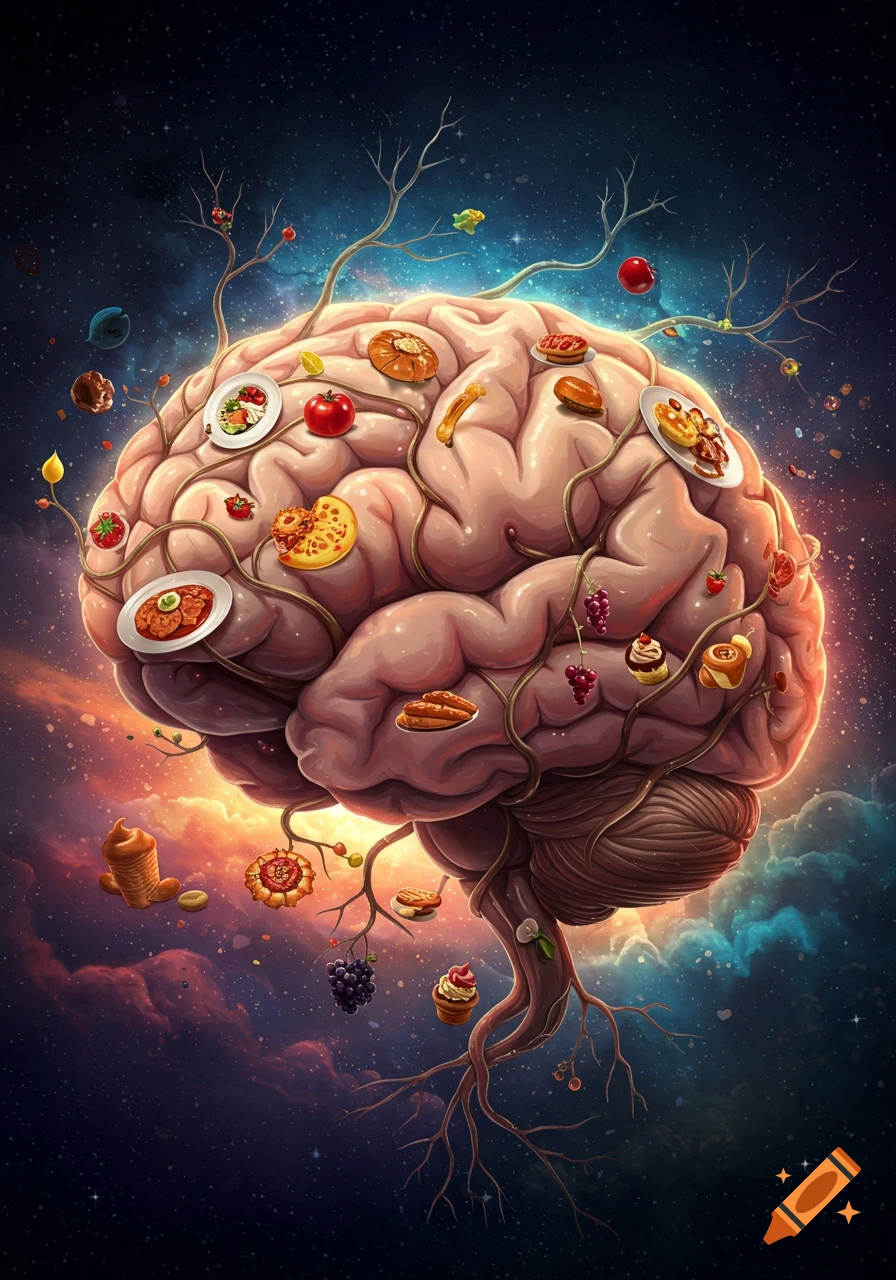A surreal image of a human brain covered in food and tree roots, floating in a vibrant cosmic, starry background.