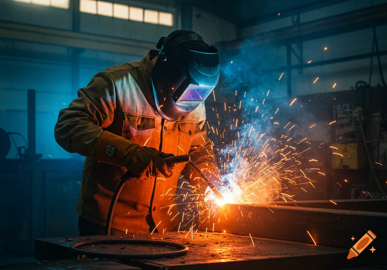 A welder in a helmet and protective gear creates bright sparks while working on metal in a workshop.