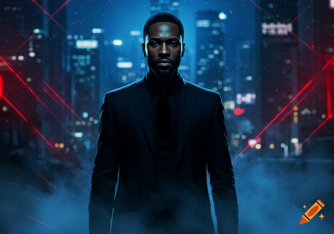 A man in a black suit stands in a smoky, neon-blue cityscape with red laser lines at night.